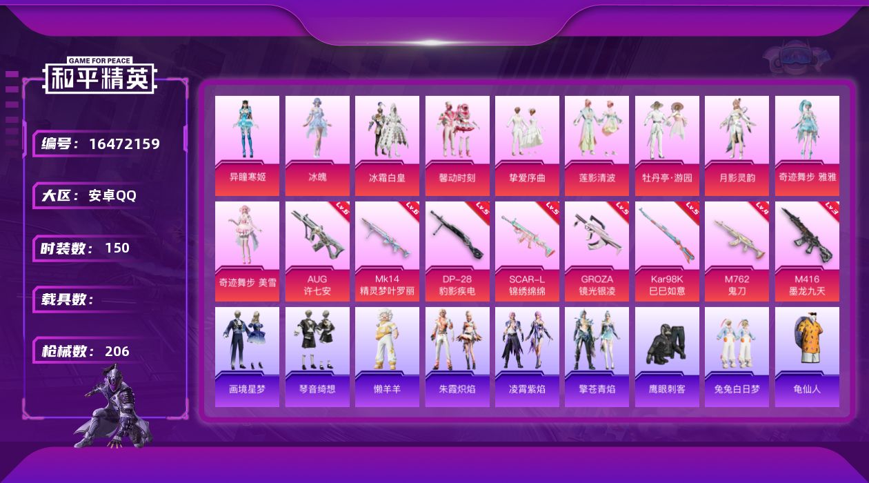 和平精英账号安卓QQ[16472159]安卓 手Q-10粉装-8特效枪-0载具-5粉色飞行器-64585热力值-7王牌印记-150套装-206枪皮
【热门品类】：套装-龟仙人
【粉色套装】：粉装-冰霜白皇，粉装-馨动时刻