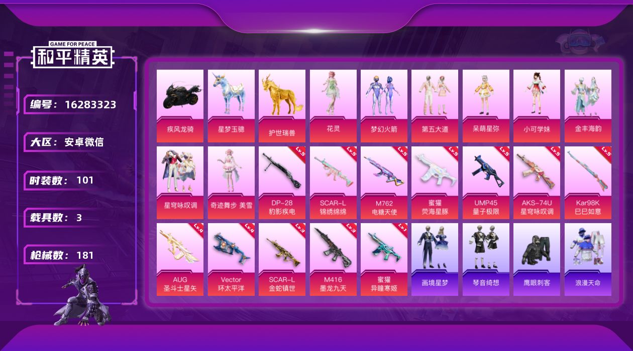 和平精英账号安卓微信[16283323]安卓 微信-有社交限制-8粉装-12特效枪-3载具-9粉色飞行器-58112热力值-9王牌印记-101套装-181枪皮
【热门品类】：粉装-梦幻火箭，套装-浪漫天命，角色-军刀雅典
