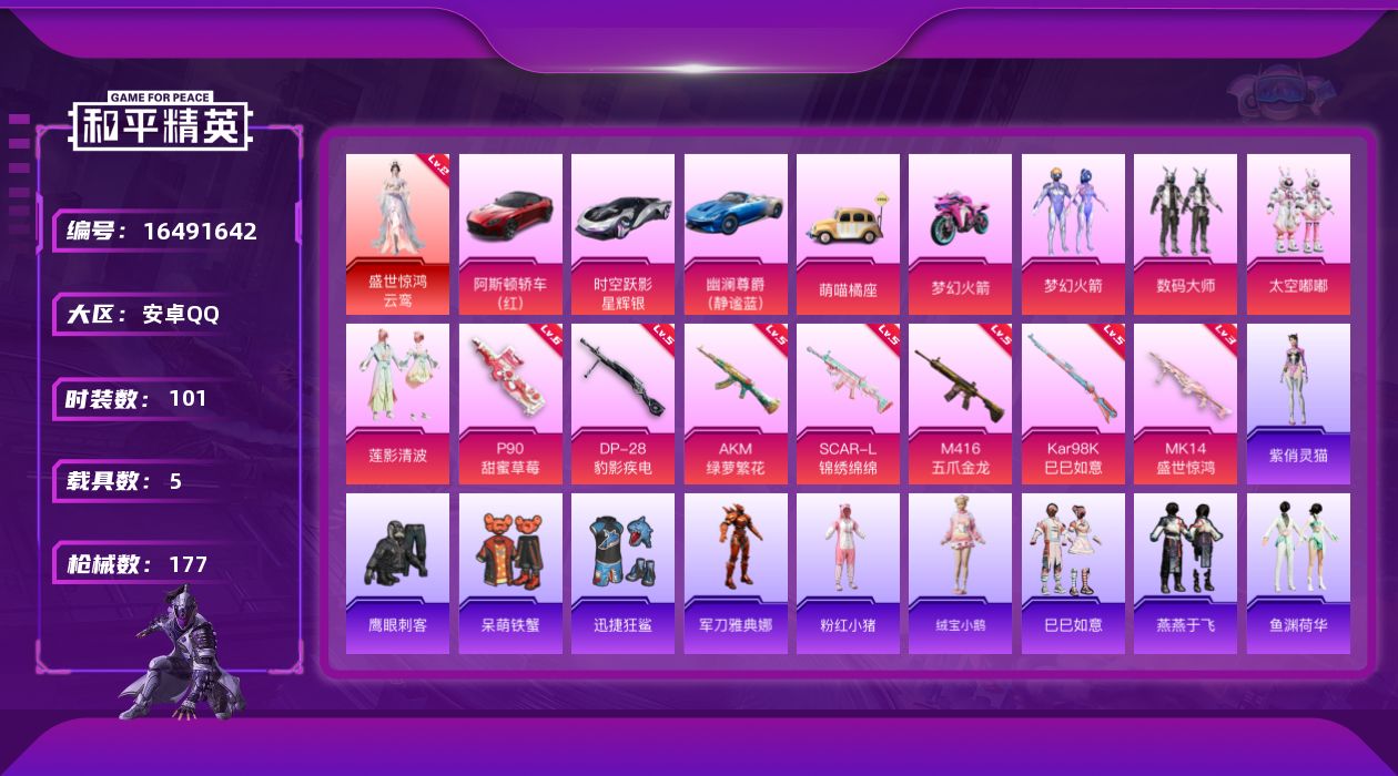 和平精英账号安卓QQ[16491642]安卓 手Q-1神装-4粉装-7特效枪-5载具-7粉色飞行器-61523热力值-13王牌印记-101套装-177枪皮
【红色神装等级】：盛世惊鸿-云鸾(二级)
【红色角色神装】：盛世