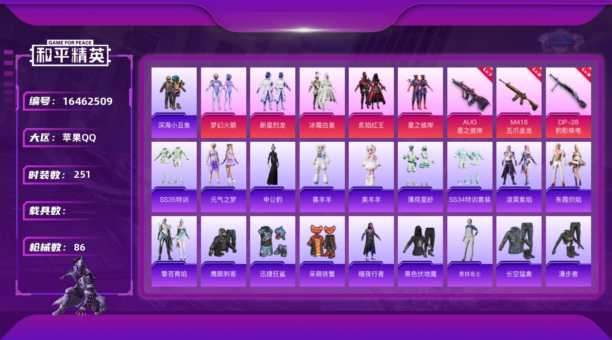 和平精英账号苹果QQ[16462509]5粉装 3特效枪 0.0载具 7印记 可二次 
【热门装扮】鹰眼刺客,迅捷狂鲨,