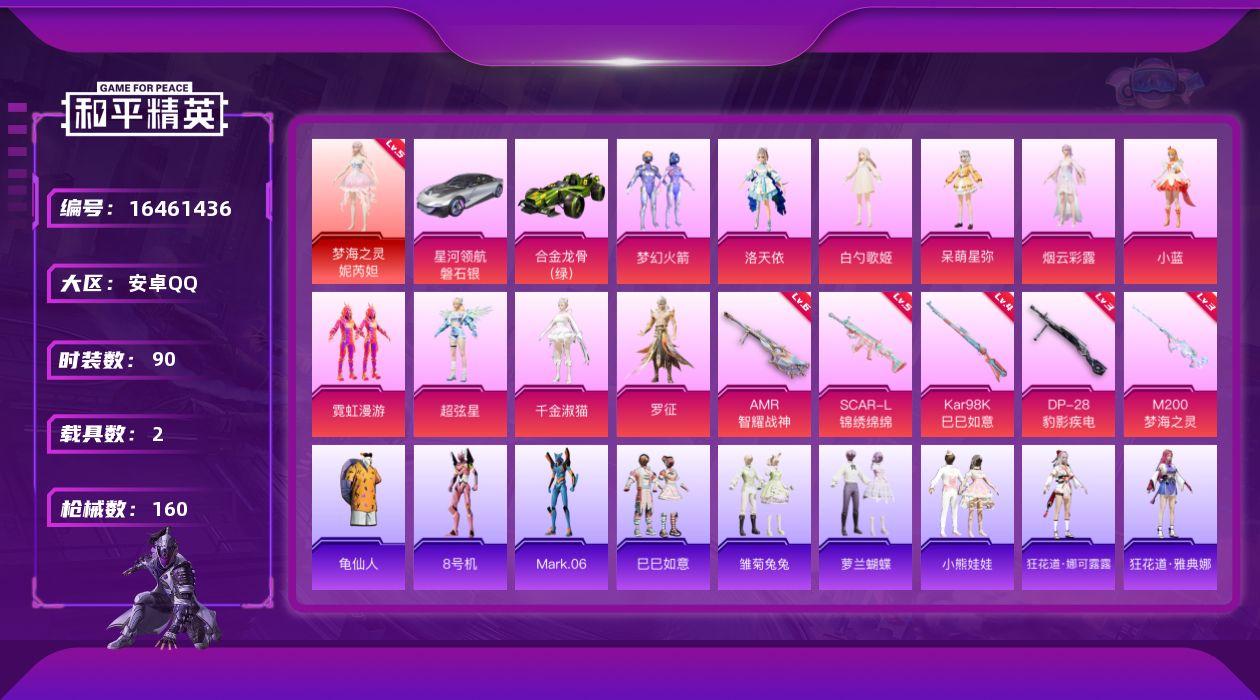 和平精英账号安卓QQ[16461436]安卓 手Q-无敌战神框-1神装-10粉装-5特效枪-2载具-10粉色飞行器-61595热力值-15王牌印记-90套装-160枪皮
【红色神装等级】：梦海之灵-妮芮妲(五级)
【红色