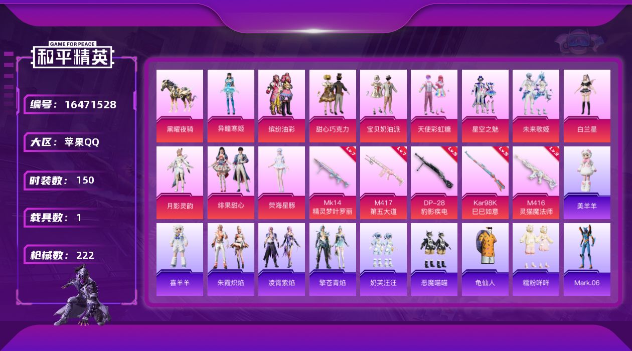 和平精英账号苹果QQ[16471528]【身法素材号-特价急出】巧克力三姐妹-猪妹-蓝螳螂-苹果 手Q-11粉装-5特效枪-1载具-4粉色飞行器-68846热力值-13王牌印记-150套装-222枪皮
【热门品类】：粉装