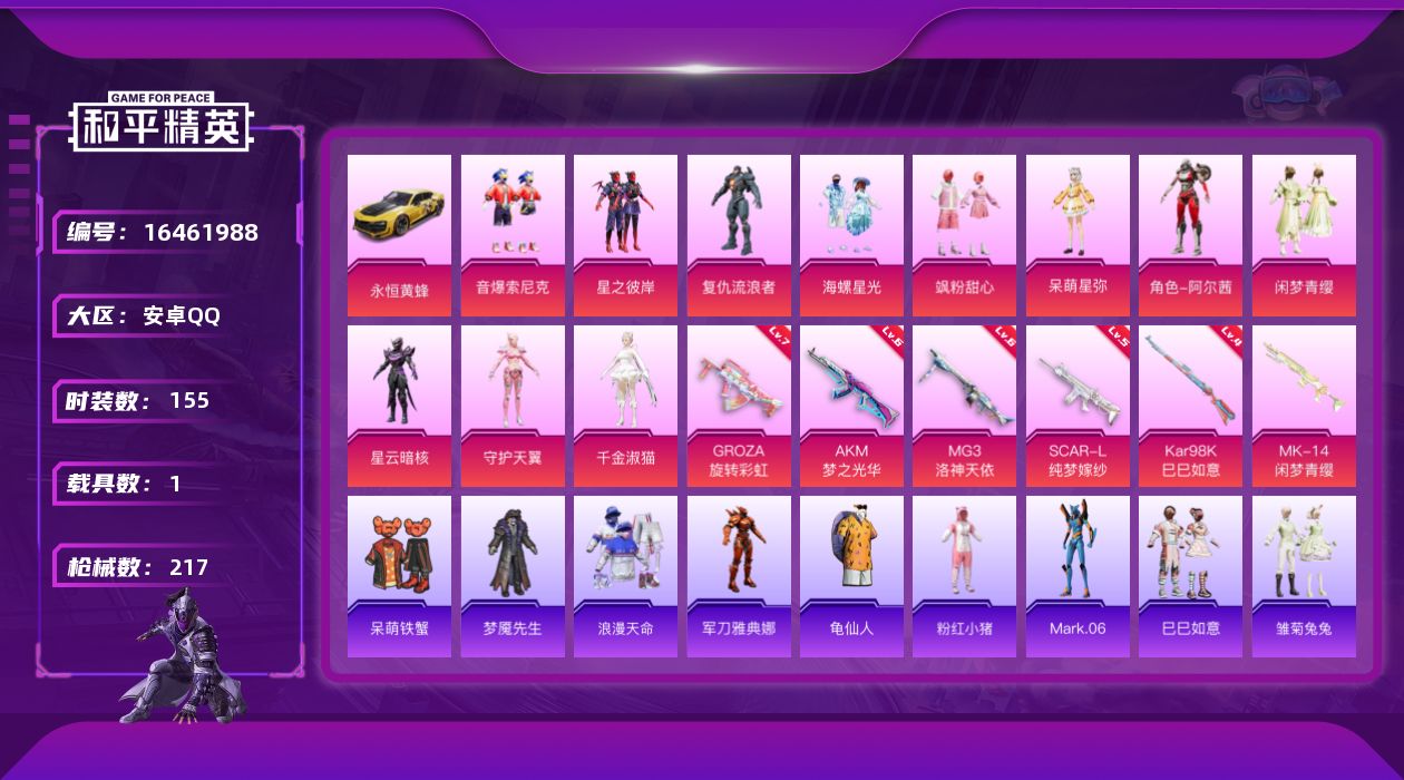 和平精英账号安卓QQ[16461988]安卓 手Q-11粉装-6特效枪-1载具-4粉色飞行器-70840热力值-12王牌印记-155套装-217枪皮
【热门品类】：粉装-音爆索尼克，套装-浪漫天命，角色-军刀雅典娜，套装