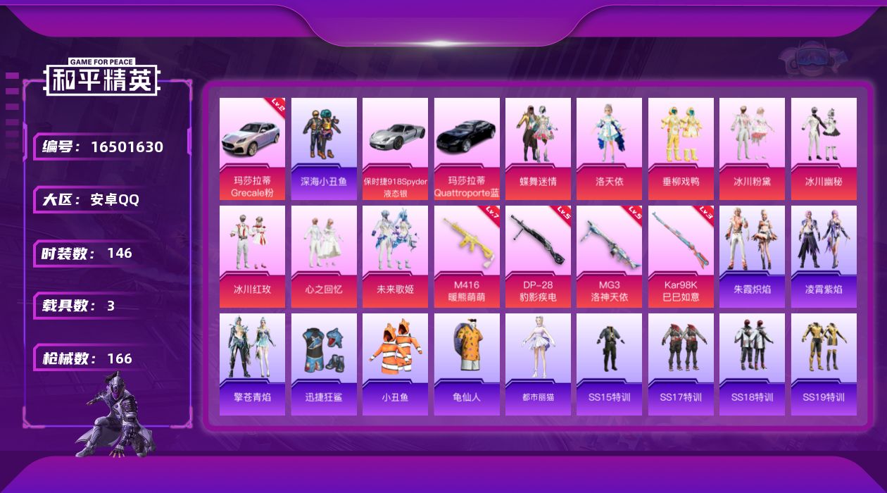 和平精英账号安卓QQ[16501630]安卓 手Q-8粉装-4特效枪-3载具-3粉色飞行器-58413热力值-10王牌印记-146套装-166枪皮【红色载具】：玛莎拉蒂Grecale（幻星粉）(二级)【热门品类】：套装-