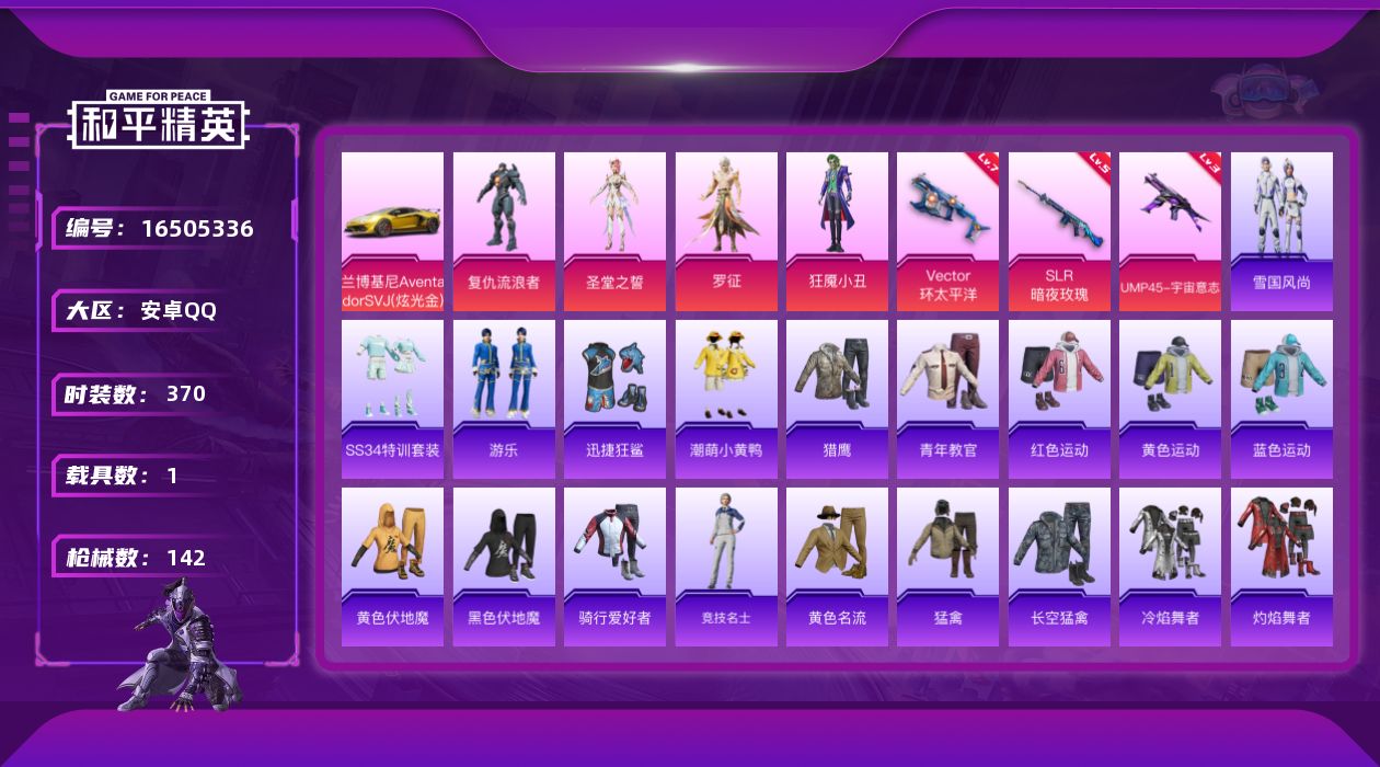 和平精英账号安卓QQ5粉装 3特效枪 1载具 7印记 可二次 可修改实名 
【热门装扮】罗征,狂魇小丑,复仇流浪者,圣堂
