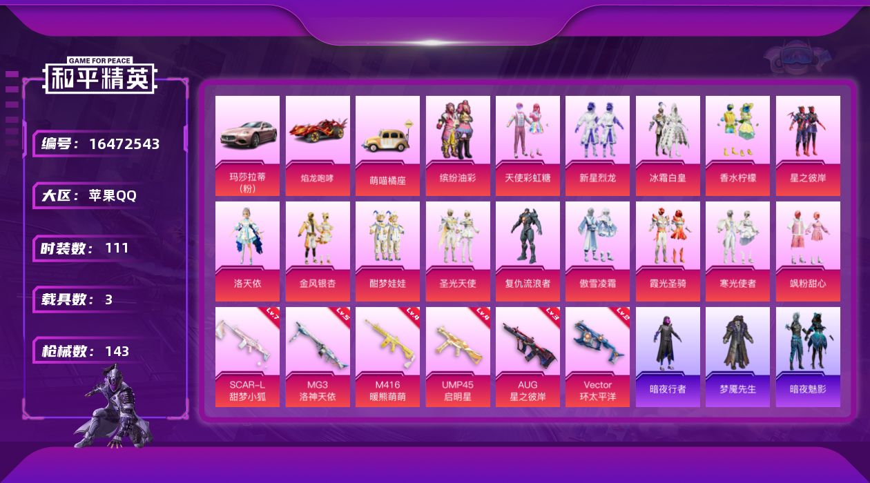 和平精英账号苹果QQ[16472543]苹果 手Q-15粉装-6特效枪-3载具-4粉色飞行器-54968热力值-8王牌印记-111套装-143枪皮
【热门品类】：粉装-缤纷油彩，角色-军刀雅典娜，套装-暗夜行者，套装-龟