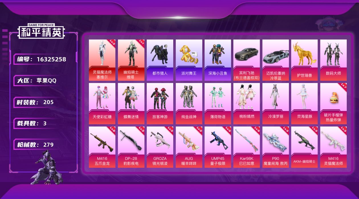 和平精英账号苹果QQ[16325258]战神框！1247璀璨碎片！3级塞维尔1级维塔金鞋都市！苹果 手Q-无敌战神框-2神装-9粉装-12特效枪-3载具-9粉色飞行器-97950热力值-19王牌印记-205套装-279枪