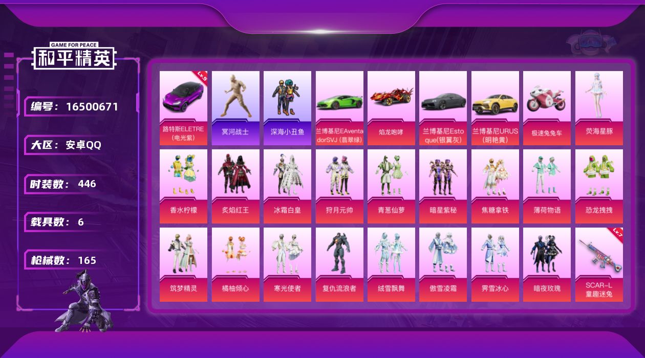 和平精英账号安卓QQ[16500671]时装数: 118 载具数: 6 枪械数: 165 战备数: 98 热门装扮: 深
