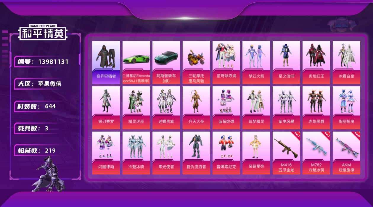和平精英账号苹果微信3载具-0套装-219枪皮-1稀有3载具20粉装9特效枪 3印记【1稀有】 奇异狩猎者 【3载具】 