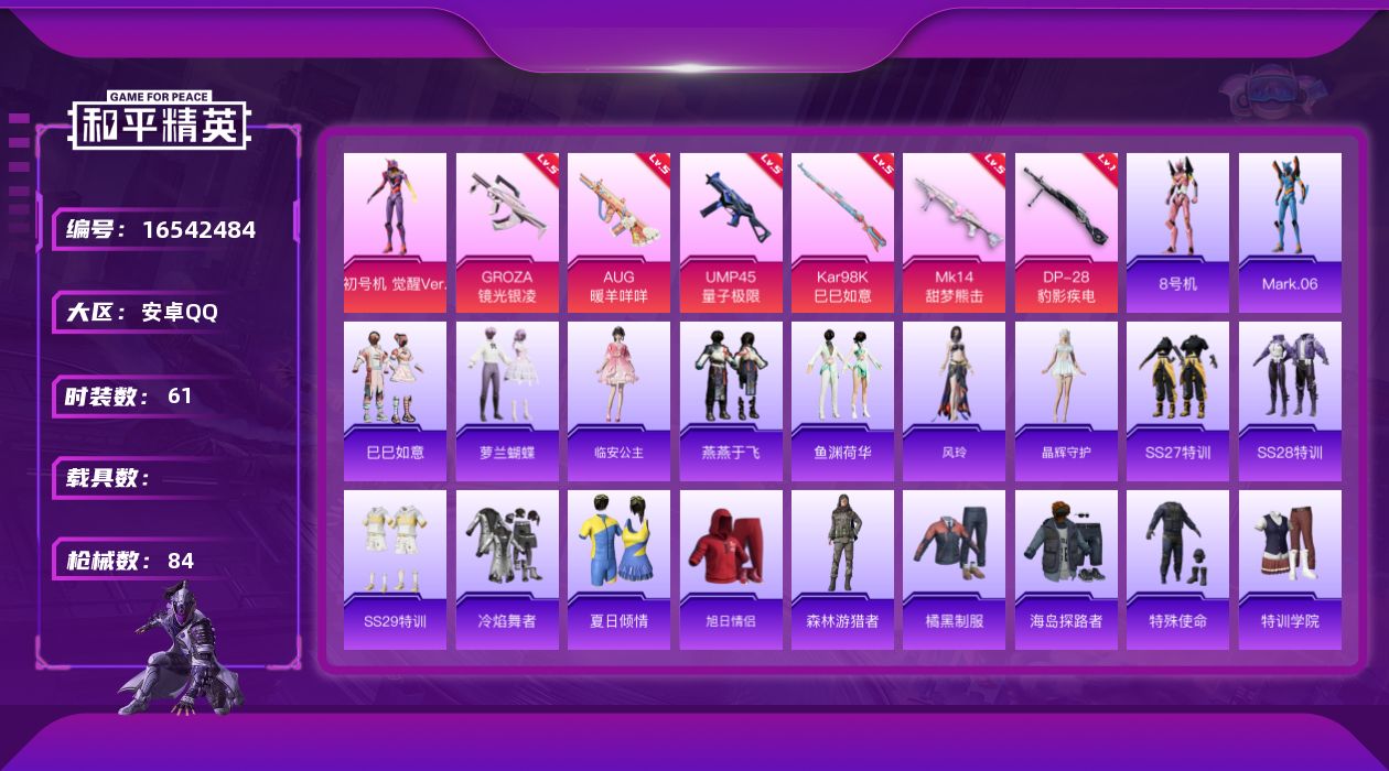 和平精英账号安卓QQ[16542484]安卓 手Q-1粉装-6特效枪-0载具-1粉色飞行器-22355热力值-3王牌印记-61套装-84枪皮
【热门品类】：套装-AG战队服，角色-8号机，角色-Mark.06
【粉色套装