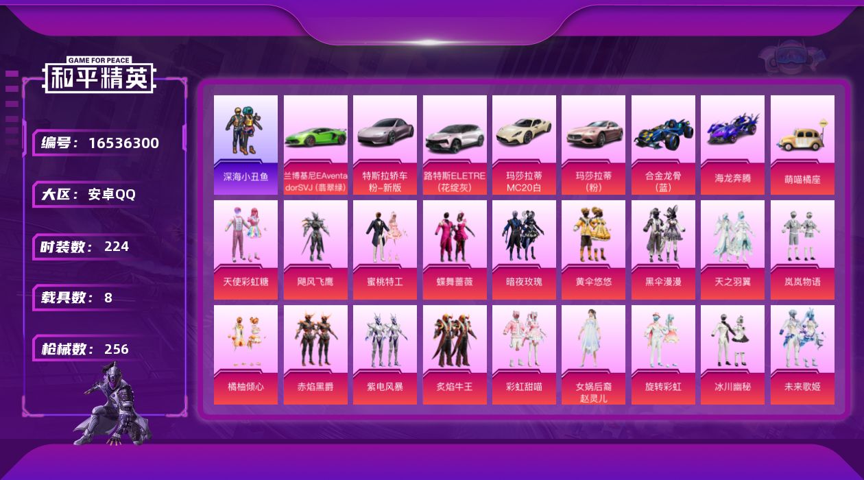 和平精英账号安卓QQ[16536300]安卓 手Q-19粉装-8特效枪-8载具-5粉色飞行器-102531热力值-17王牌印记-224套装-256枪皮
【热门品类】：套装-深海小丑鱼，套装-小丑鱼，角色-军刀雅典娜，套装