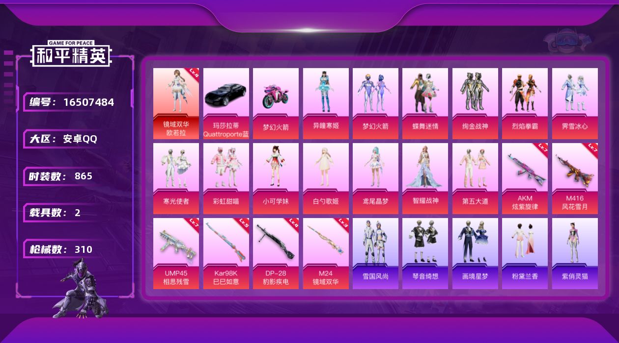 和平精英账号安卓QQ1红装 13粉装 6特效枪 2载具 17印记 可二次 
【四级神装】四级镜域双华-欧若拉(4级欧若拉