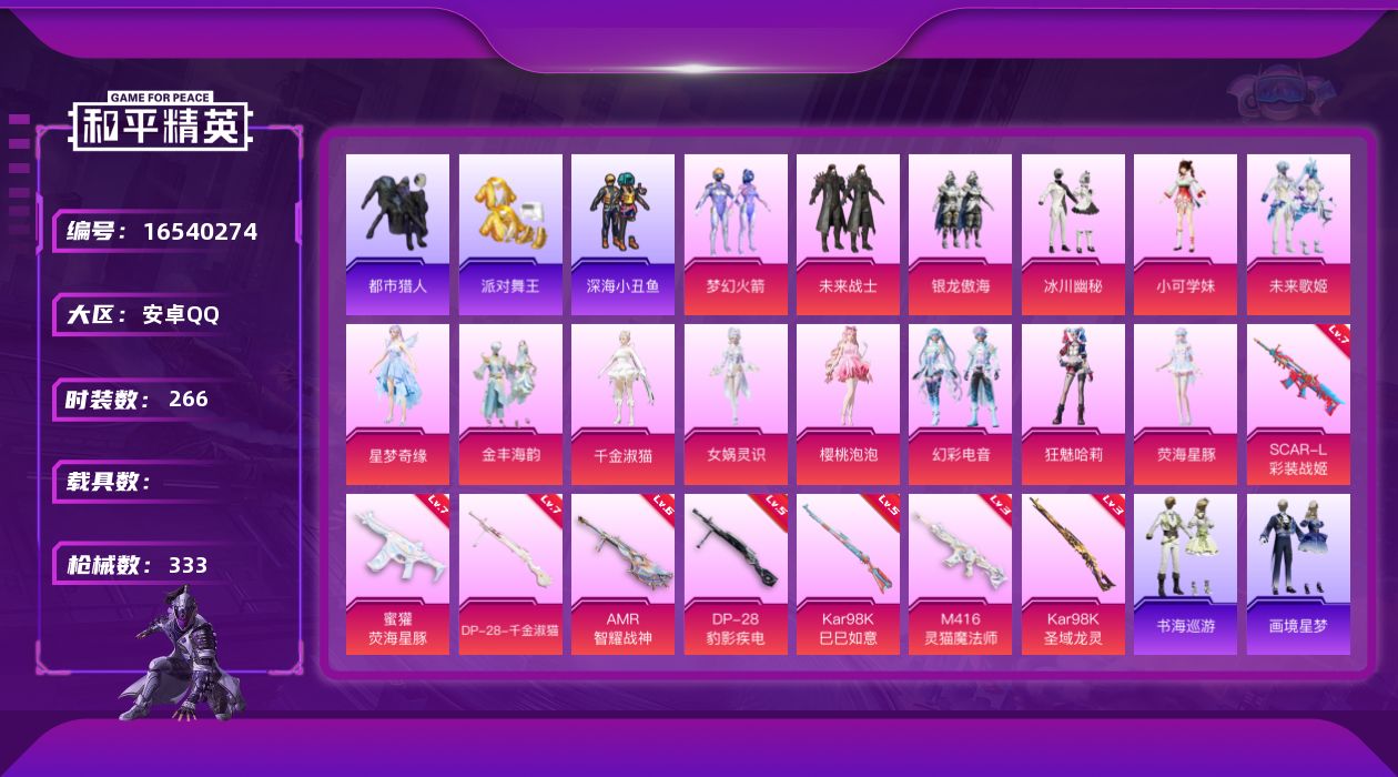 和平精英账号安卓QQ[16540274]【特价出售/店主推荐】安卓 手Q-14粉装-9特效枪-0载具-10粉色飞行器-112367热力值-20王牌印记-266套装-333枪皮
【热门品类】：粉装-梦幻火箭，套装-浪漫天命