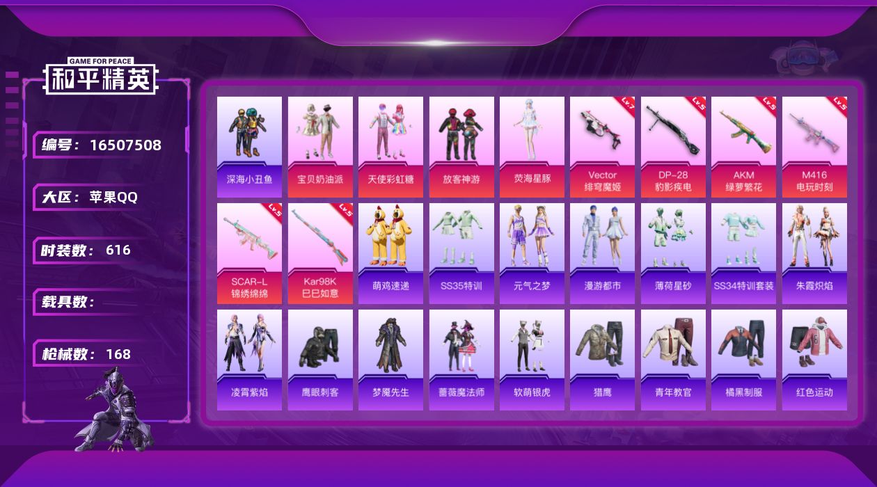 和平精英账号苹果QQ5粉装 6特效枪 0.0载具 4印记 可二次 
【热门装扮】鹰眼刺客,深海小丑鱼,梦魇先生,宝贝奶油