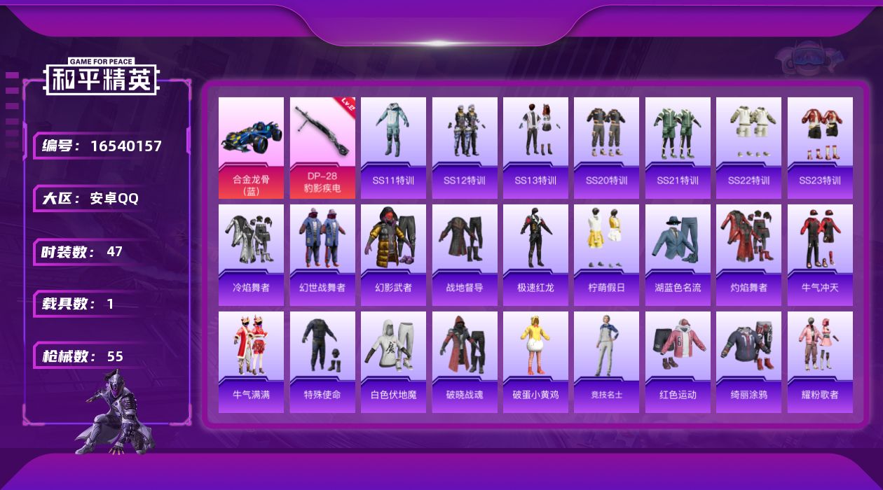 和平精英账号安卓QQ[16540157]可二次【特价出售/店主推荐】安卓 手Q-0粉装-1特效枪-1载具-0粉色飞行器-16283热力值-4王牌印记-47套装-55枪皮
【粉色枪皮等级】：DP-28-豹影疾电(二级)
【