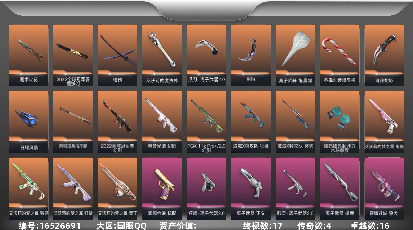 无畏契约账号QQDFZ417 【套装】：2022全球冠军赛套装，艾沃莉的梦之翼套装，滋滋X特攻队套装，离子武器套装，