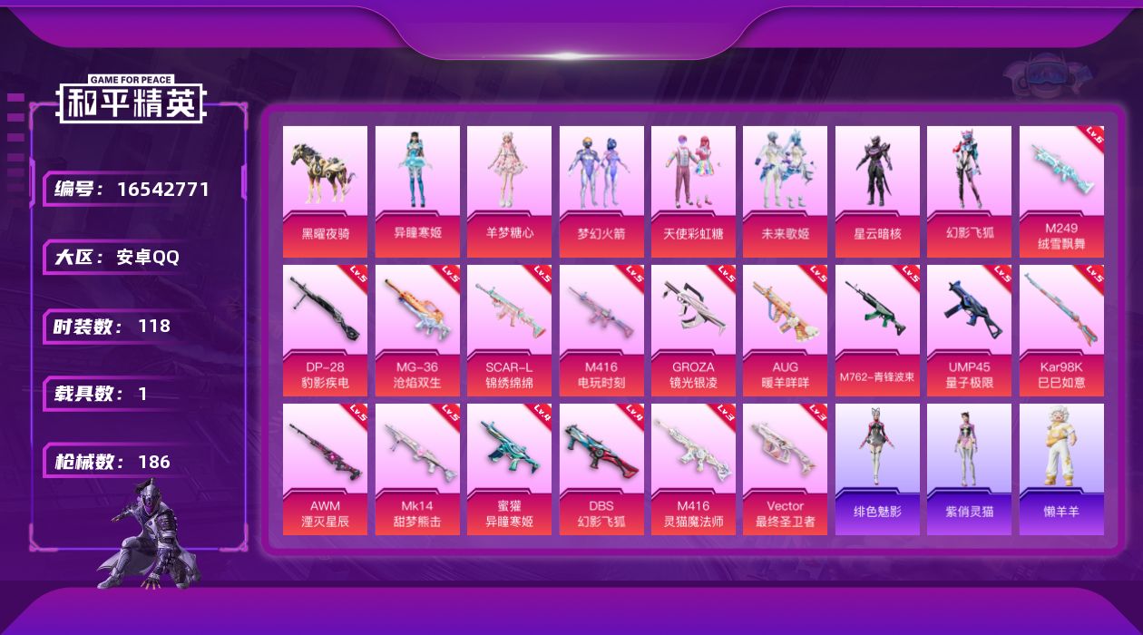 和平精英账号安卓QQ[16542771]安卓 手Q-7粉装-16特效枪-1载具-3粉色飞行器-58017热力值-15王牌印记-118套装-186枪皮【热门品类】：粉装-梦幻火箭，套装-龟仙人【粉色套装】：粉装-天使彩虹糖