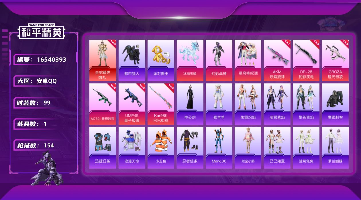 和平精英账号安卓QQ[16540393]安卓 手Q-1神装-2粉装-6特效枪-1载具-3粉色飞行器-46957热力值-8王牌印记-99套装-154枪皮
【红色神装等级】：金蛇镇世-烛九(二级)
【红色角色神装】：金蛇镇世