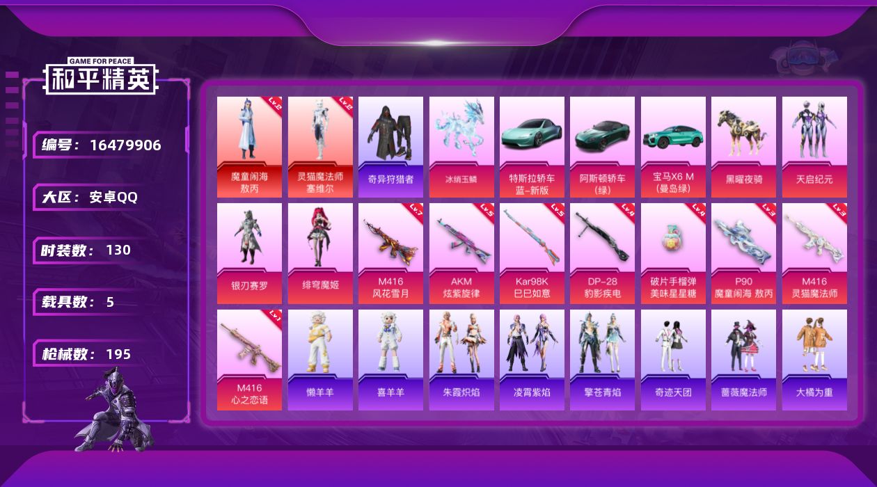 和平精英账号安卓QQ[16479906]【特价出售/店主推荐】安卓 手Q-2神装-3粉装-8特效枪-5载具-3粉色飞行器-72603热力值-6王牌印记-130套装-195枪皮
【红色神装等级】：魔童闹海-敖丙(二级)，灵