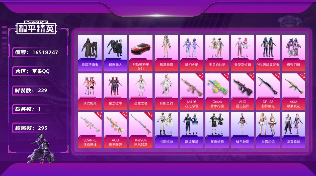 和平精英账号苹果QQ[16518247]【特价出售/店主推荐】
苹果 手Q-10粉装-8特效枪-1载具-6粉色飞行器-98295热力值-14王牌印记-239套装-295枪皮
【热门品类】：粉装-梦幻火箭，套装-浪漫天命，