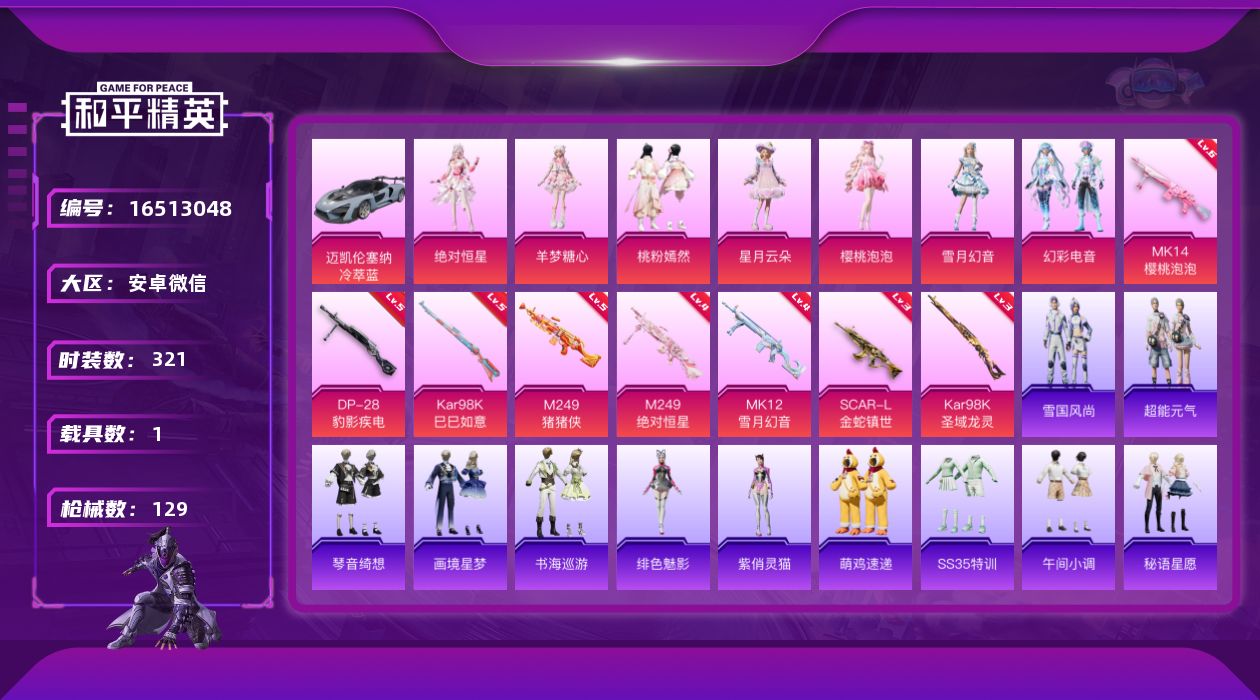 和平精英账号安卓微信7粉装 8特效枪 1载具 6印记 可二次 
【热门装扮】樱桃泡泡,桃粉嫣然,星月云朵,雪月幻音,羊梦