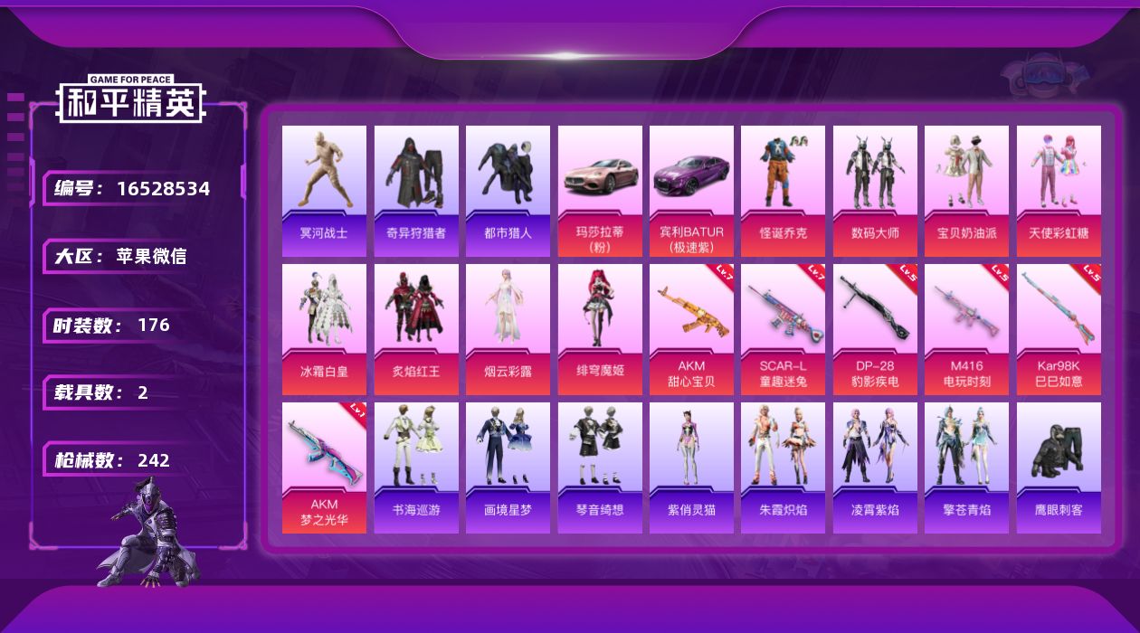 和平精英账号苹果微信DAS8816可二次 苹果V-4稀有2载具8粉装6特效枪8热门176套装242枪皮 73155热力值