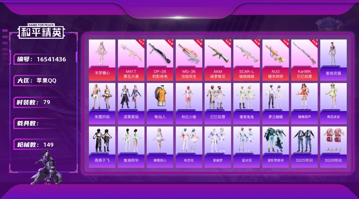 和平精英账号苹果QQ[16541436]苹果 手Q-1粉装-7特效枪-0载具-3粉色飞行器-39877热力值-10王牌印记-79套装-149枪皮
【热门品类】：套装-龟仙人，套装-粉红小猪
【粉色套装】：角色-羊梦糖心
