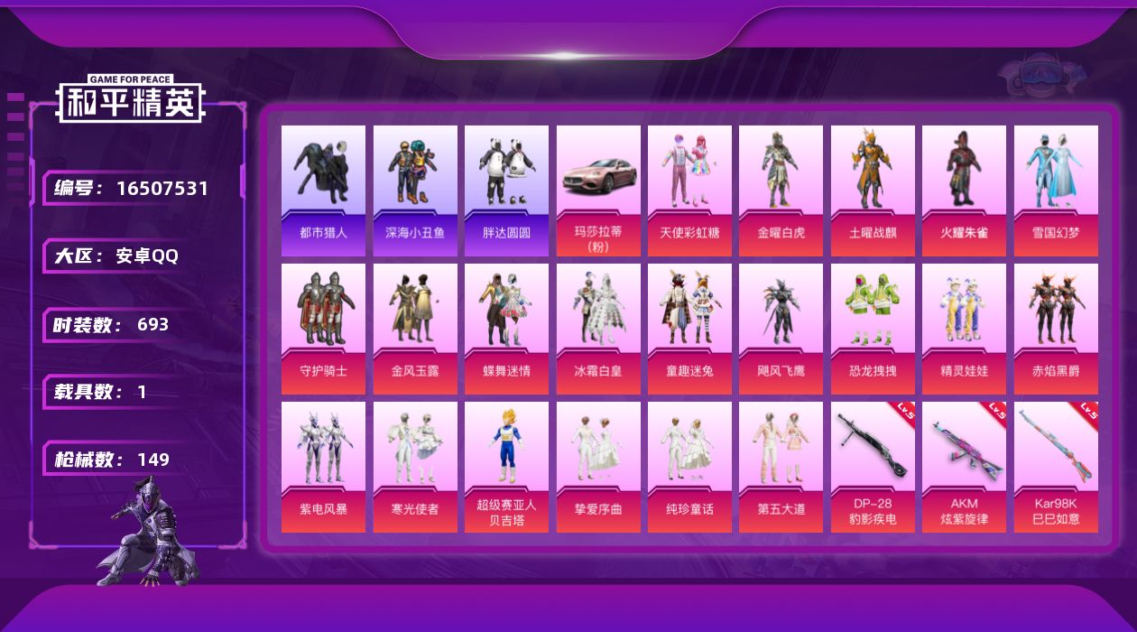 和平精英账号安卓QQ19粉装 10特效枪 1载具 12印记 可二次 
【热门装扮】雪国幻梦(冰雪女王),守护骑士,金曜白