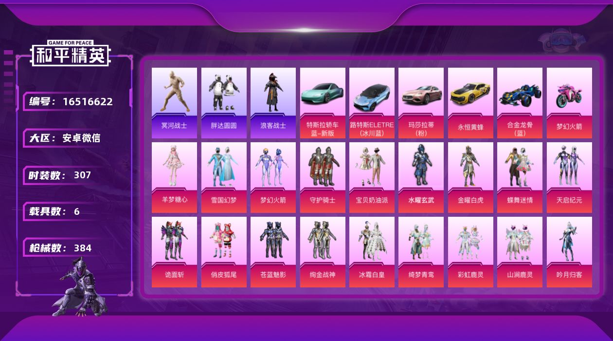和平精英账号安卓微信[16516622]【特价出售/店主推荐】安卓 微信-23粉装-11特效枪-6载具-11粉色飞行器-145737热力值-32王牌印记-307套装-384枪皮
【热门品类】：粉装-雪国幻梦，粉装-梦幻火