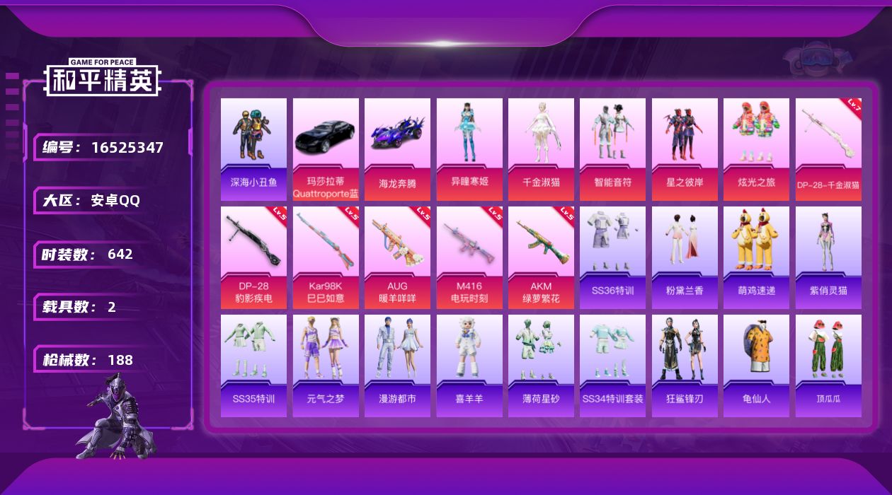 和平精英账号安卓QQ2载具-170套装-188枪皮-2载具-170套装-188枪皮-游戏禁言禁麦克风至2026.1.11