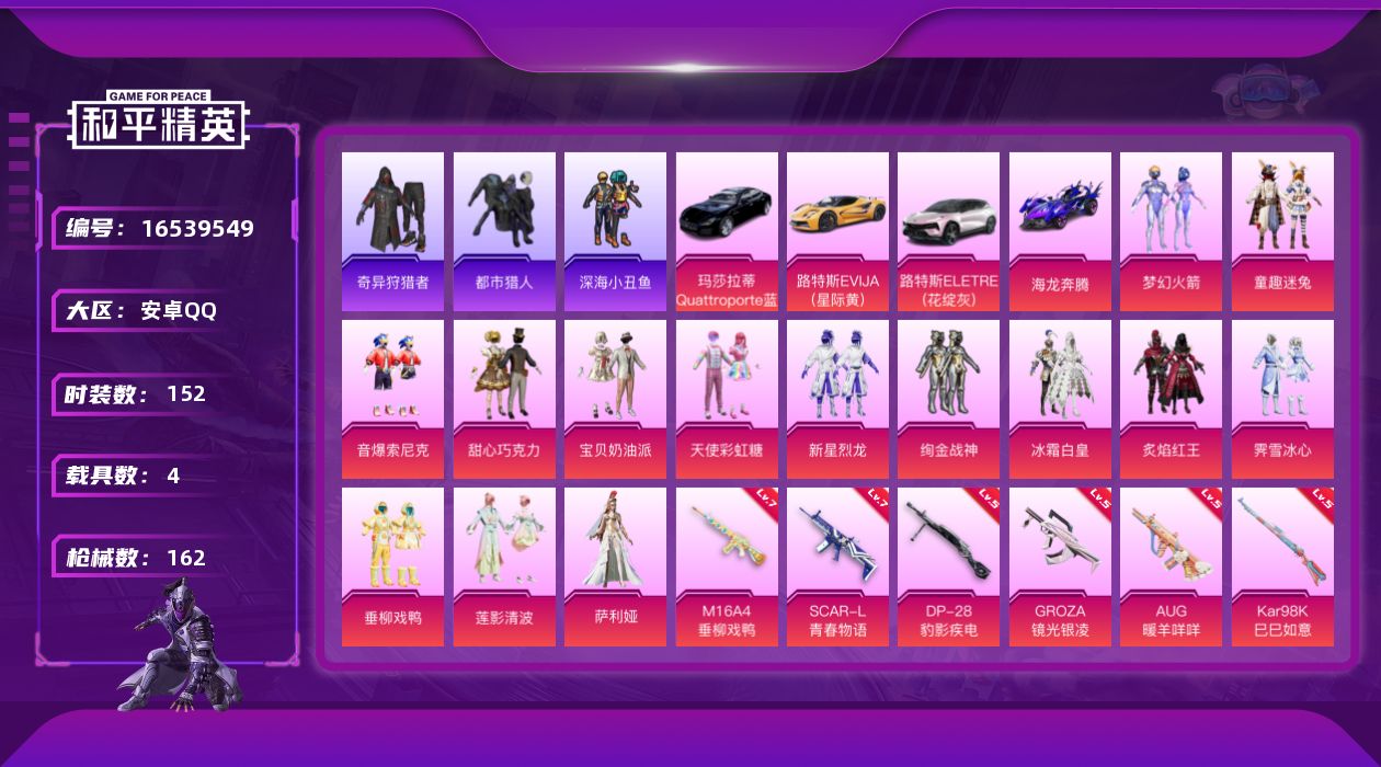 和平精英账号安卓QQ[16539549]安卓 手Q-14粉装-6特效枪-4载具-1粉色飞行器-58814热力值-6王牌印记-152套装-162枪皮
【热门品类】：粉装-梦幻火箭，粉装-童趣迷兔，粉装-音爆索尼克，套装-浪