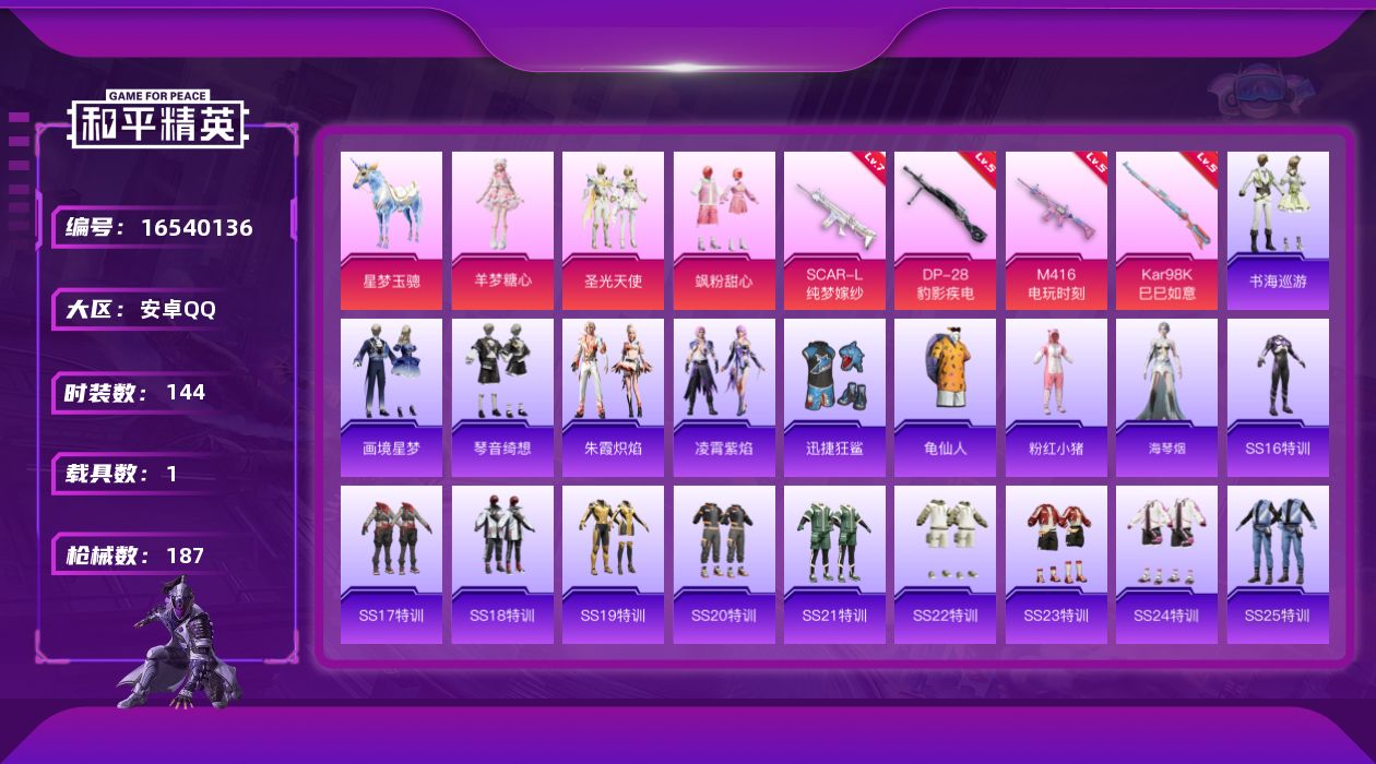 和平精英账号安卓QQ[16540136]【特价出售/店主推荐】安卓 手Q-3粉装-4特效枪-1载具-2粉色飞行器-57965热力值-11王牌印记-144套装-187枪皮
【热门品类】：套装-龟仙人，套装-粉红小猪
【粉色