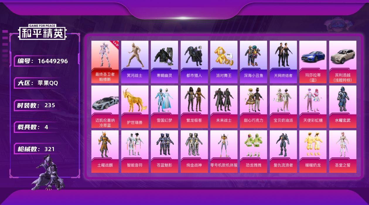 和平精英账号苹果QQ[16449296]可二次【特价出售/店主推荐】苹果 手Q-无敌战神框-1神装-19粉装-17特效枪-4载具-9粉色飞行器-117558热力值-15王牌印记-235套装-321枪皮
【红色神装等级】：