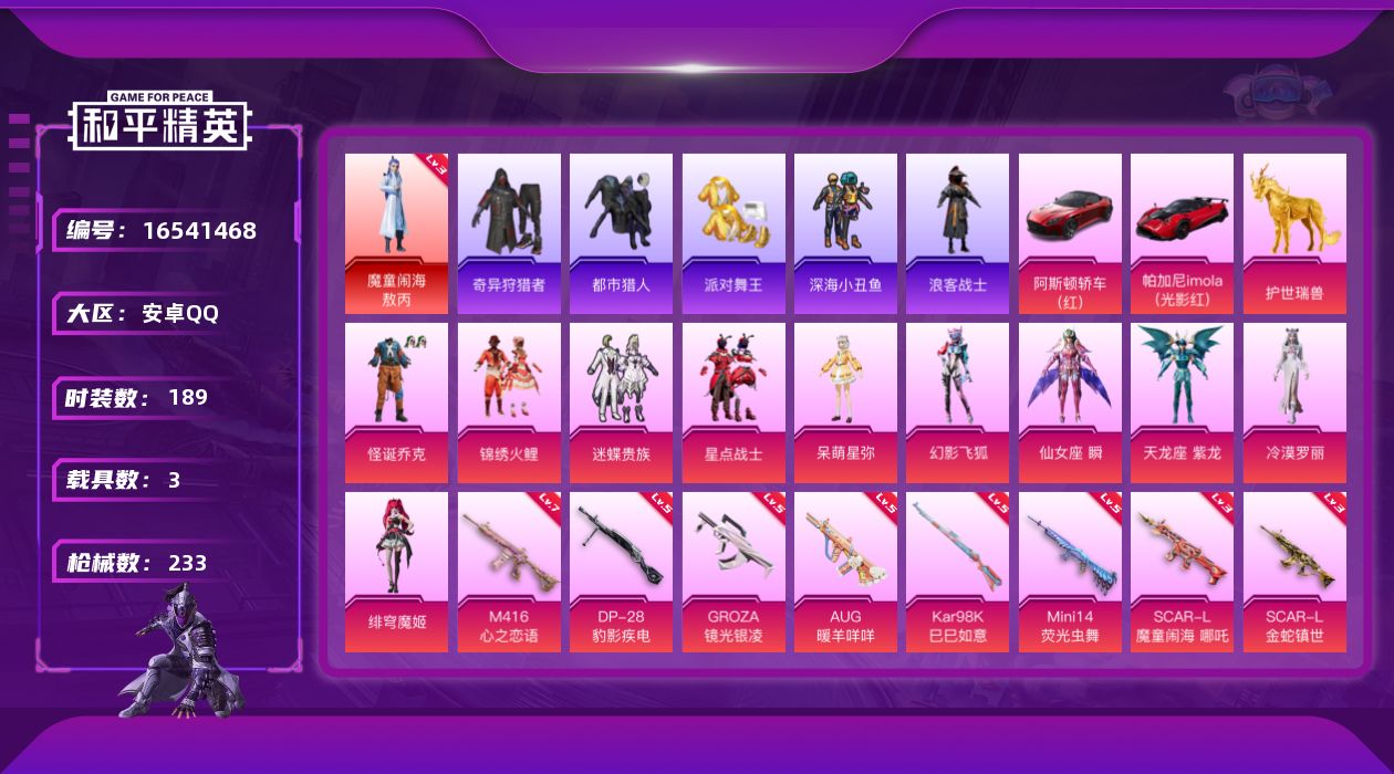 和平精英账号安卓QQ[16541468]安卓 手Q-1神装-10粉装-8特效枪-3载具-8粉色飞行器-80925热力值-5王牌印记-189套装-233枪皮
【红色神装等级】：魔童闹海-敖丙(三级)
【红色角色神装】：魔童