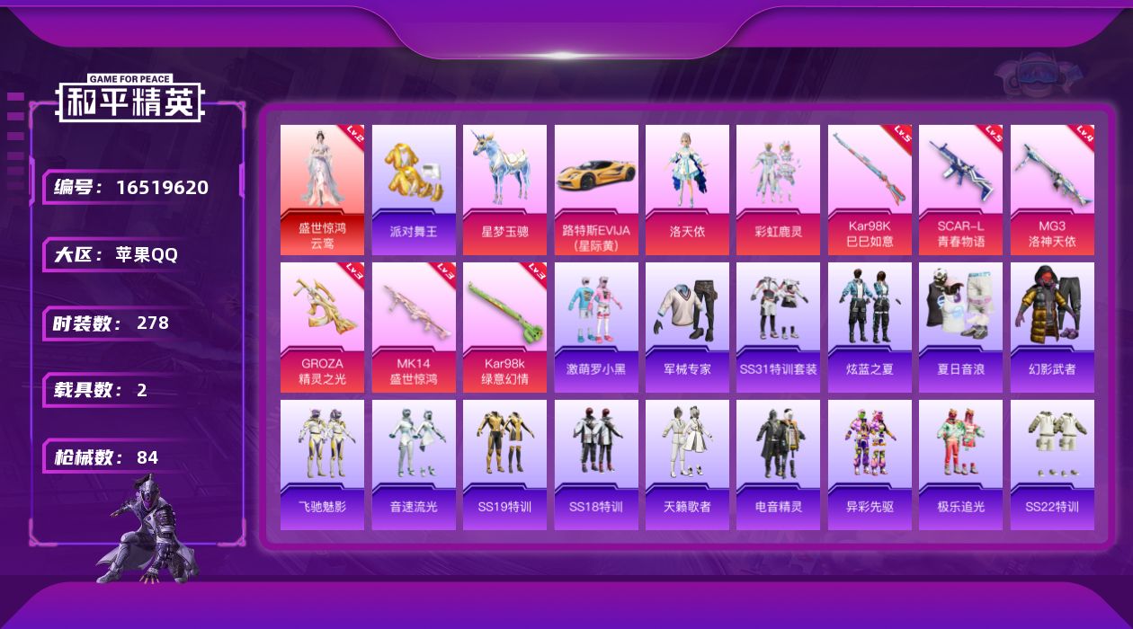 和平精英账号苹果QQ0AL80X可二次1个红装1普通三币车1普通载具2粉装6粉枪

红装【二级盛世惊鸿-云鸾,】
