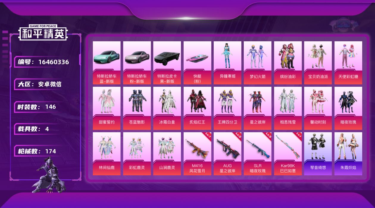 和平精英账号安卓微信[16460336]【特价出售/店主推荐】
安卓 微信-17粉装-4特效枪-4载具-6粉色飞行器-71994热力值-8王牌印记-146套装-174枪皮
【热门品类】：粉装-梦幻火箭，粉装-缤纷油彩
【