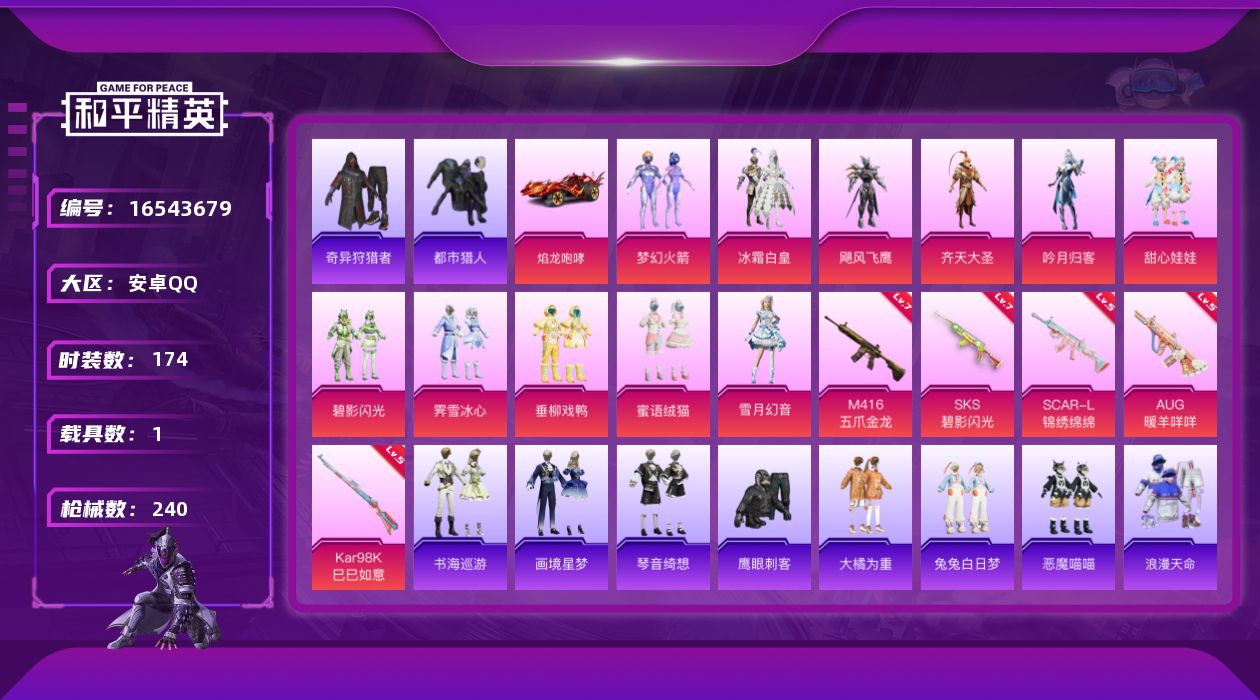 和平精英账号安卓QQ[16543679]安卓 手Q-11粉装-5特效枪-1载具-3粉色飞行器-79767热力值-14王牌印记-174套装-240枪皮
【热门品类】：粉装-梦幻火箭，套装-浪漫天命，套装-都市猎人，套装-奇