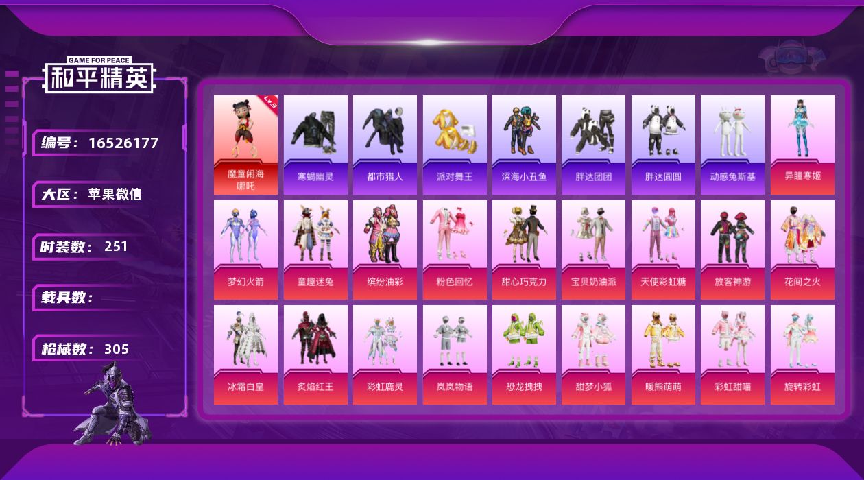 和平精英账号苹果微信[16526177]苹果 微信-1神装-32粉装-14特效枪-0载具-10粉色飞行器-119523热力值-18王牌印记-251套装-305枪皮【红色神装等级】：魔童闹海-哪吒(三级)【红色角色神装】：