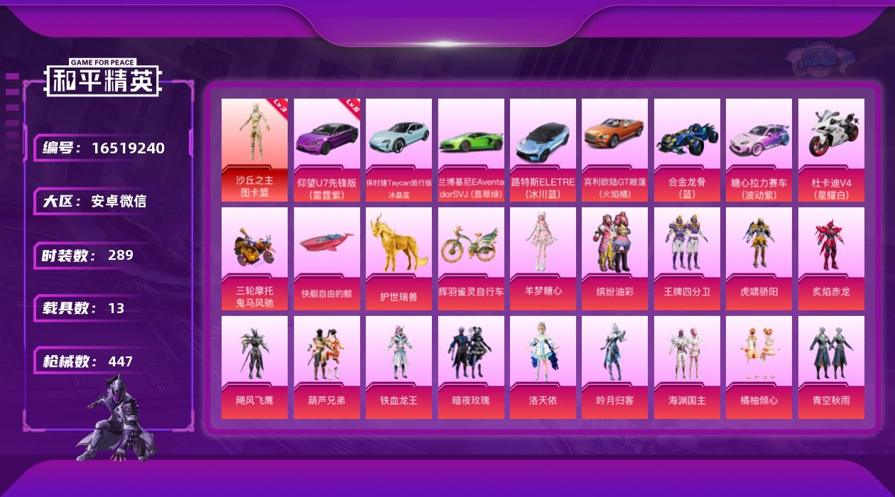 和平精英账号安卓微信[16519240]【特价出售/店主推荐】安卓 微信-1神装-30粉装-22特效枪-13载具-13粉色飞行器-179600热力值-24王牌印记-289套装-447枪皮【红色载具】：仰望U7（雷霆紫）(