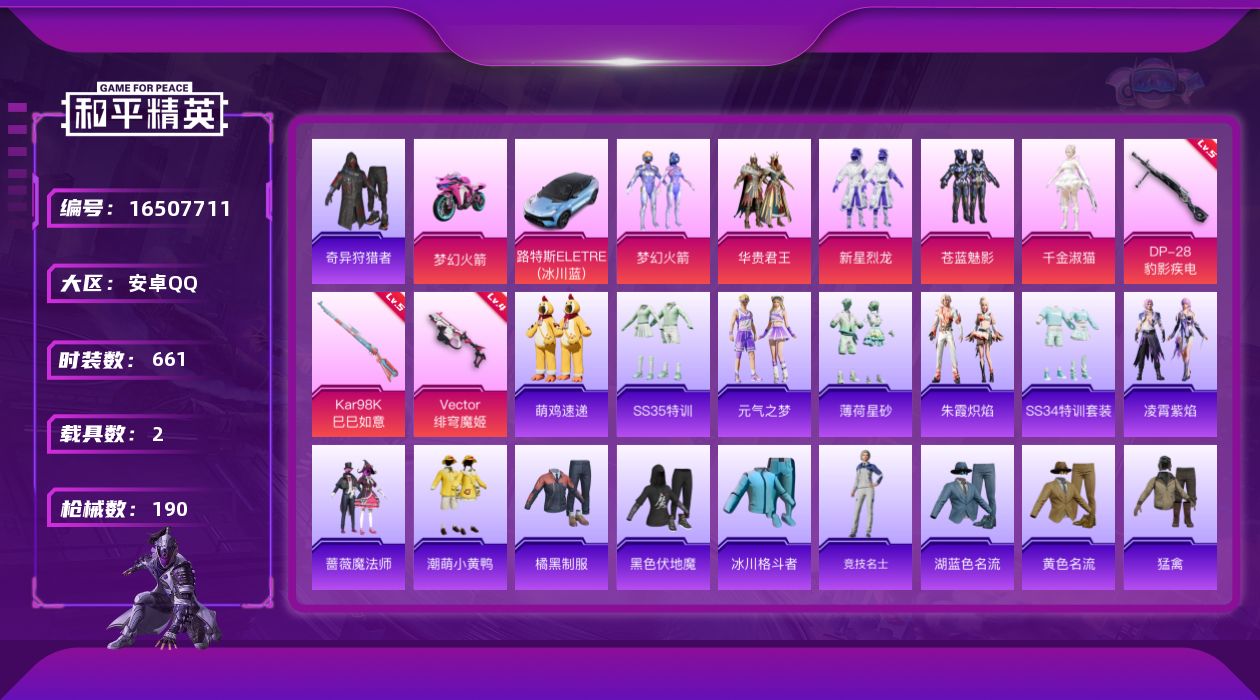 和平精英账号安卓QQ6粉装 3特效枪 2载具 4印记 可二次 可修改实名 
【热门装扮】奇异狩猎者,千金淑猫,梦幻火箭(