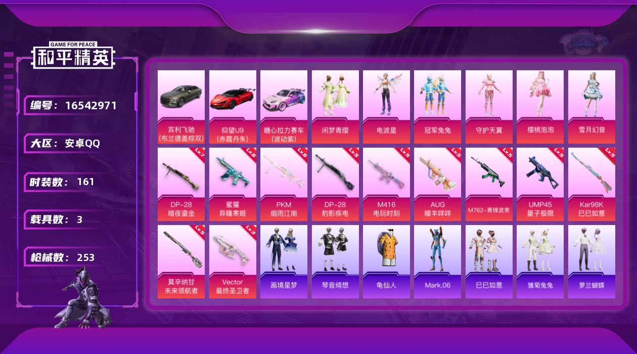 和平精英账号安卓QQ[16542971]安卓 手Q-6粉装-11特效枪-3载具-5粉色飞行器-76682热力值-11王牌印记-161套装-253枪皮
【热门品类】：套装-龟仙人，角色-Mark.06
【粉色套装】：粉装-