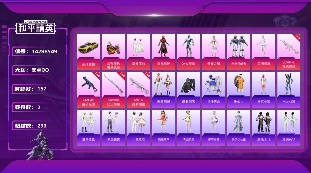 和平精英账号安卓QQ[14288549]TY303-地铁满天赋-【荧海星豚、圣堂之誓、挚爱序曲、Mark.06螳螂、浪漫天命、都市丽猫、狂沙舞者】【载具-永恒黄蜂、鬼马风驰】【超多副套小裙子】安卓 手Q-6粉装-4特效枪
