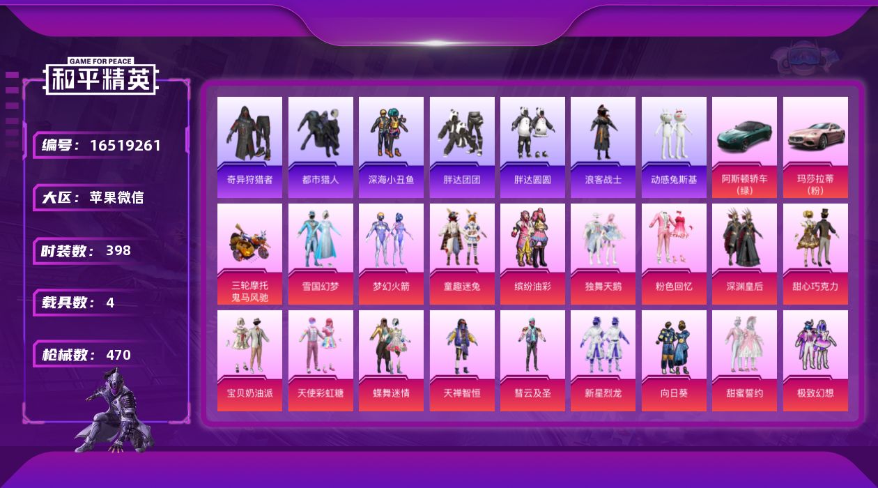 和平精英账号苹果微信[16519261]【店主推荐捡漏号！可直接换绑】苹果 微信-无敌战神框-57粉装-21特效枪-3载具-17粉色飞行器-198005热力值-23王牌印记-398套装-470枪皮【热门品类】：粉装-雪国