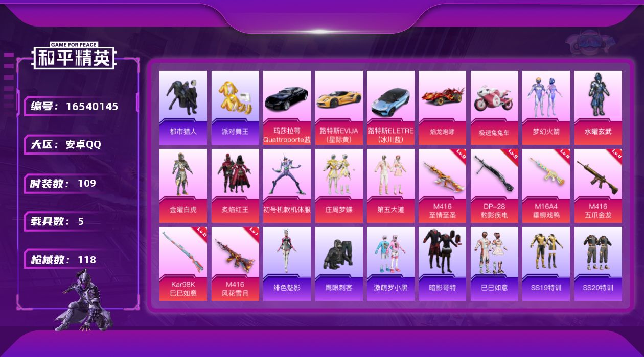 和平精英账号安卓QQ[16540145]可二次【特价出售/店主推荐】安卓 手Q-7粉装-6特效枪-5载具-3粉色飞行器-47773热力值-4王牌印记-109套装-118枪皮
【热门品类】：粉装-梦幻火箭，套装-都市猎人，