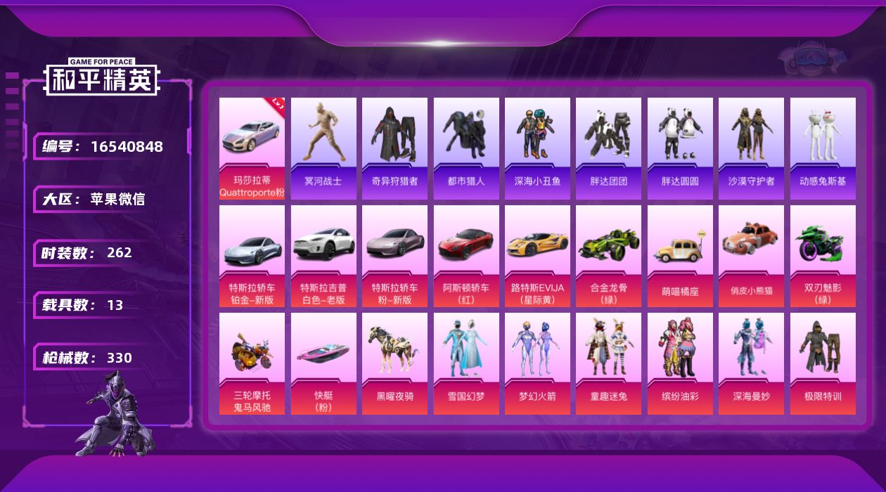 和平精英账号苹果微信[16540848]【特价出售/店主推荐】 苹果 微信-42粉装-14特效枪-13载具-2僚机-11粉色飞行器-162688热力值-15王牌印记-262套装-330枪皮【红色载具】：玛莎拉蒂Quatt