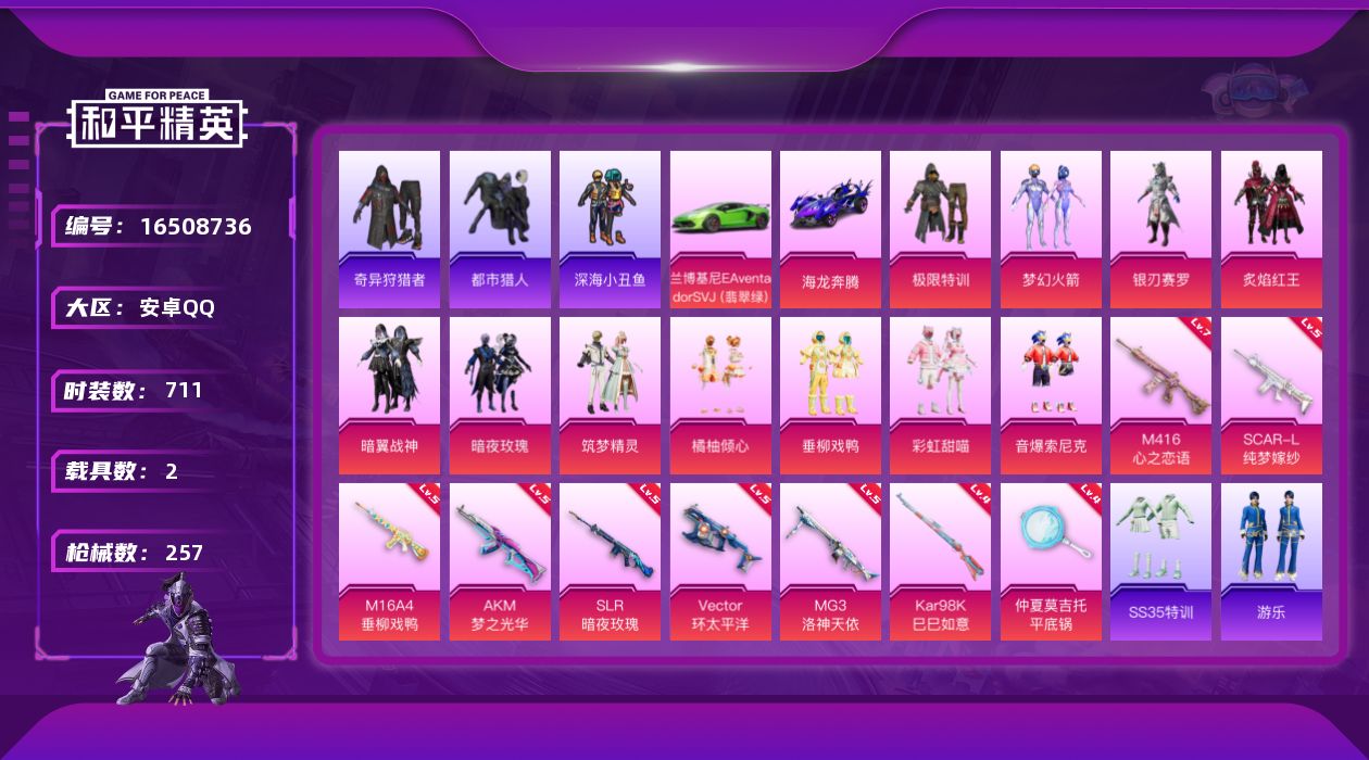 和平精英账号安卓QQ11粉装 9特效枪 2.0载具 10印记 可二次 
【热门装扮】都市猎人,鹰眼刺客,极限特训,奇异狩