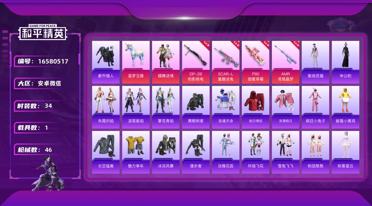 和平精英账号安卓微信[16580517]【特价出售/店主推荐】安卓 微信-1粉装-4特效枪-1载具-3粉色飞行器-15279热力值-1王牌印记-34套装-46枪皮【热门品类】：套装-浪漫天命，套装-都市猎人【粉色套装】：
