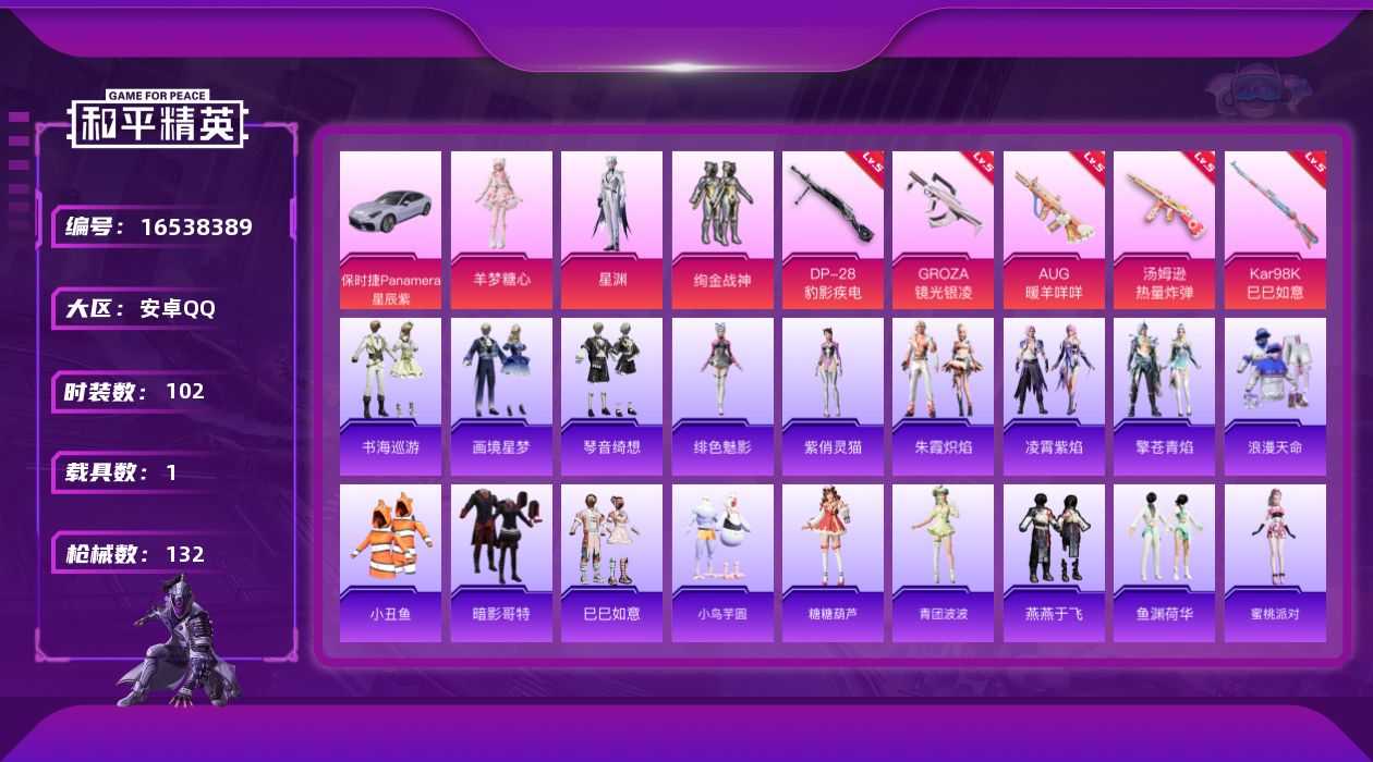 和平精英账号安卓QQ[16538389]安卓 手Q-3粉装-6特效枪-1载具-2粉色飞行器-37226热力值-5王牌印记-102套装-132枪皮
【热门品类】：套装-浪漫天命，套装-小丑鱼，套装-暗影哥特
【粉色套装】：