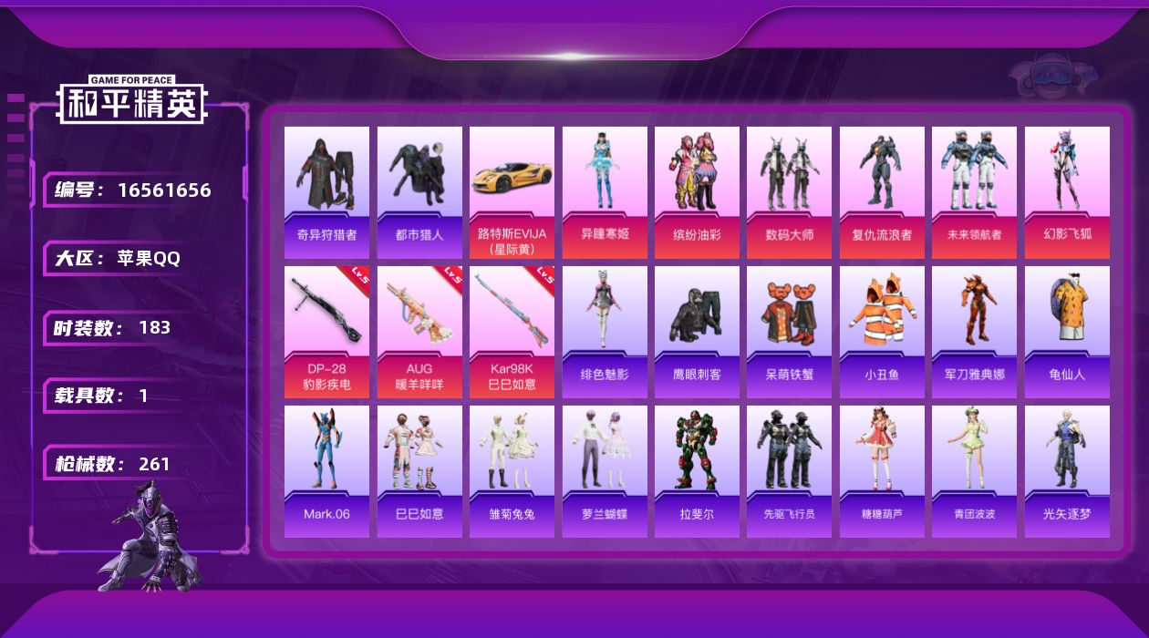 和平精英账号苹果QQ[16561656]苹果 手Q-6粉装-3特效枪-1载具-1粉色飞行器-80295热力值-6王牌印记-183套装-261枪皮
【热门品类】：粉装-缤纷油彩，套装-都市猎人，套装-小丑鱼，套装-奇异狩猎