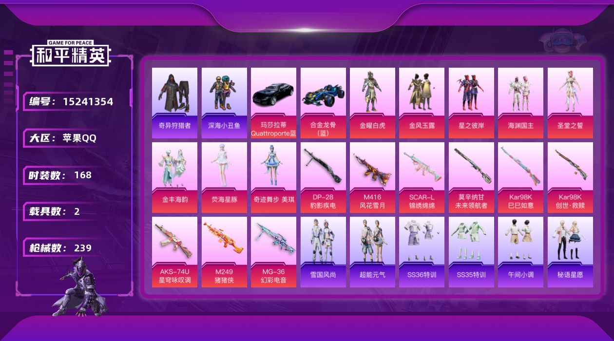 和平精英账号苹果QQ【2载具 9特效枪 8粉装 239枪皮 168套装】7.9w热力值,19印记,吃丹修仙号/地铁号,2
